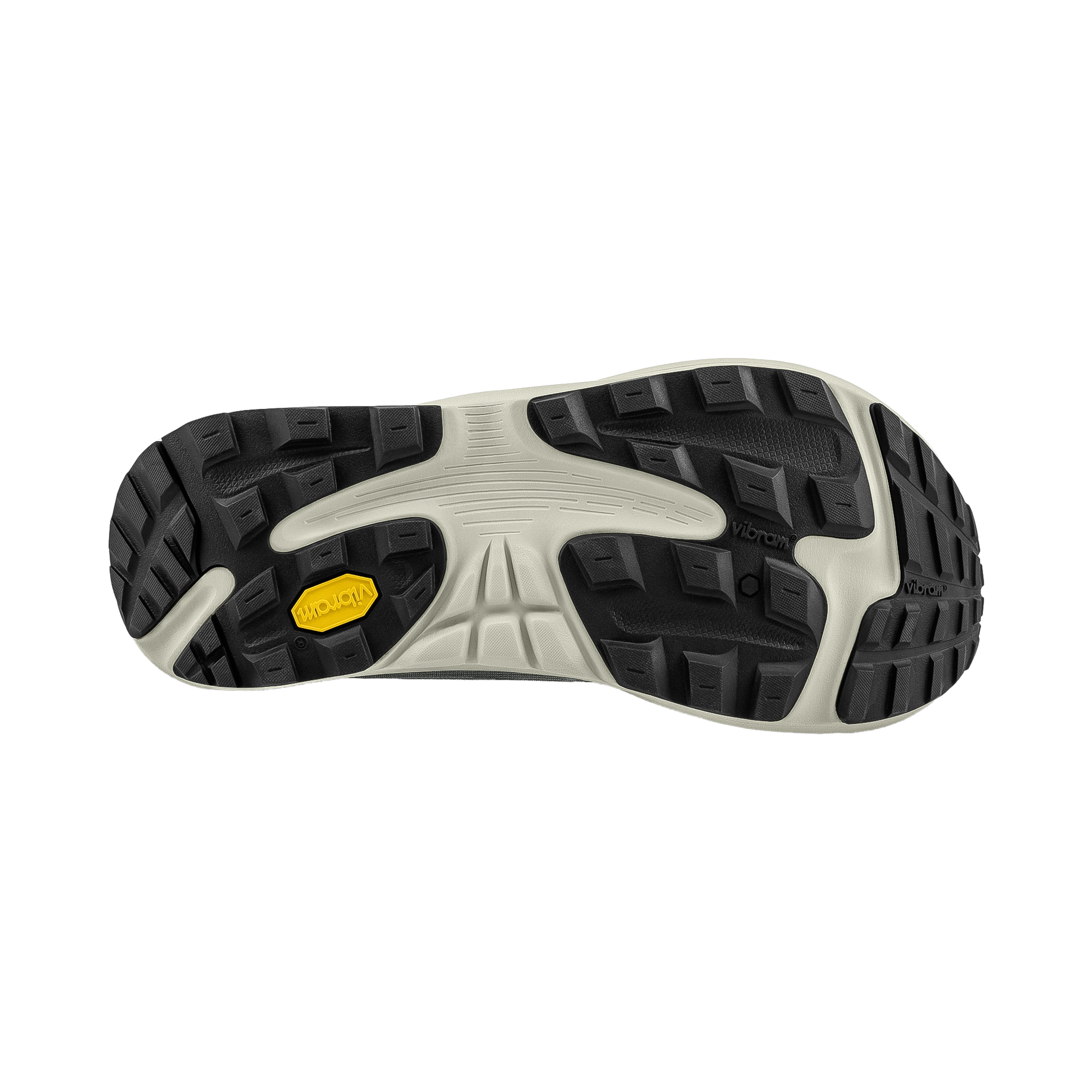 Bottom view of a grey Topo Ultraventure 4 shoe, showcasing its cushioned sole and rugged traction design.