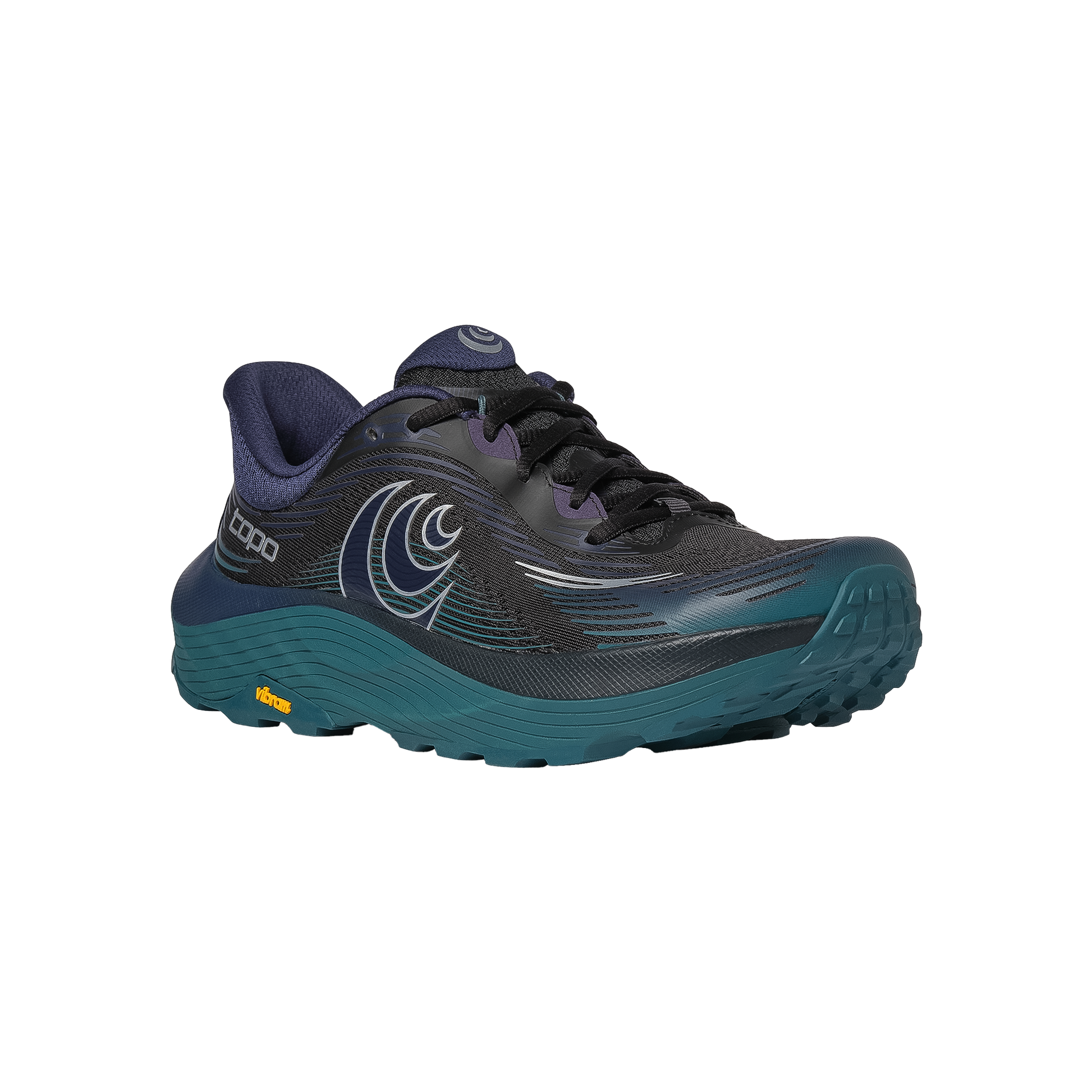 Topo Ultraventure 5 men's trail running shoe in black, teal, and navy blue, ideal for road-to-trail use with lightweight construction and traction.