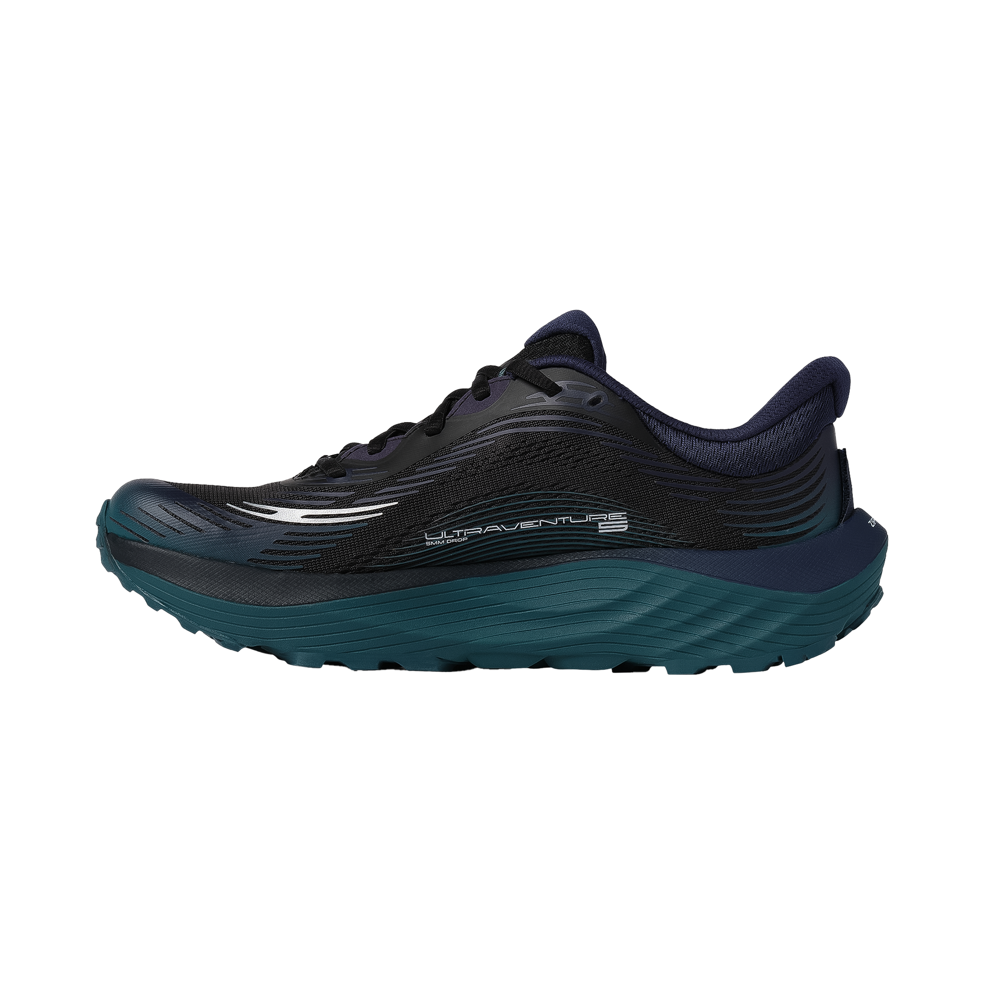 Black, teal, and navy blue Topo Ultraventure 5 trail running shoe, designed for long-distance comfort with a soft ZipFoam midsole.
