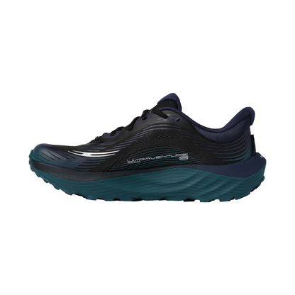 Black, teal, and navy blue Topo Ultraventure 5 trail running shoe, designed for long-distance comfort with a soft ZipFoam midsole.