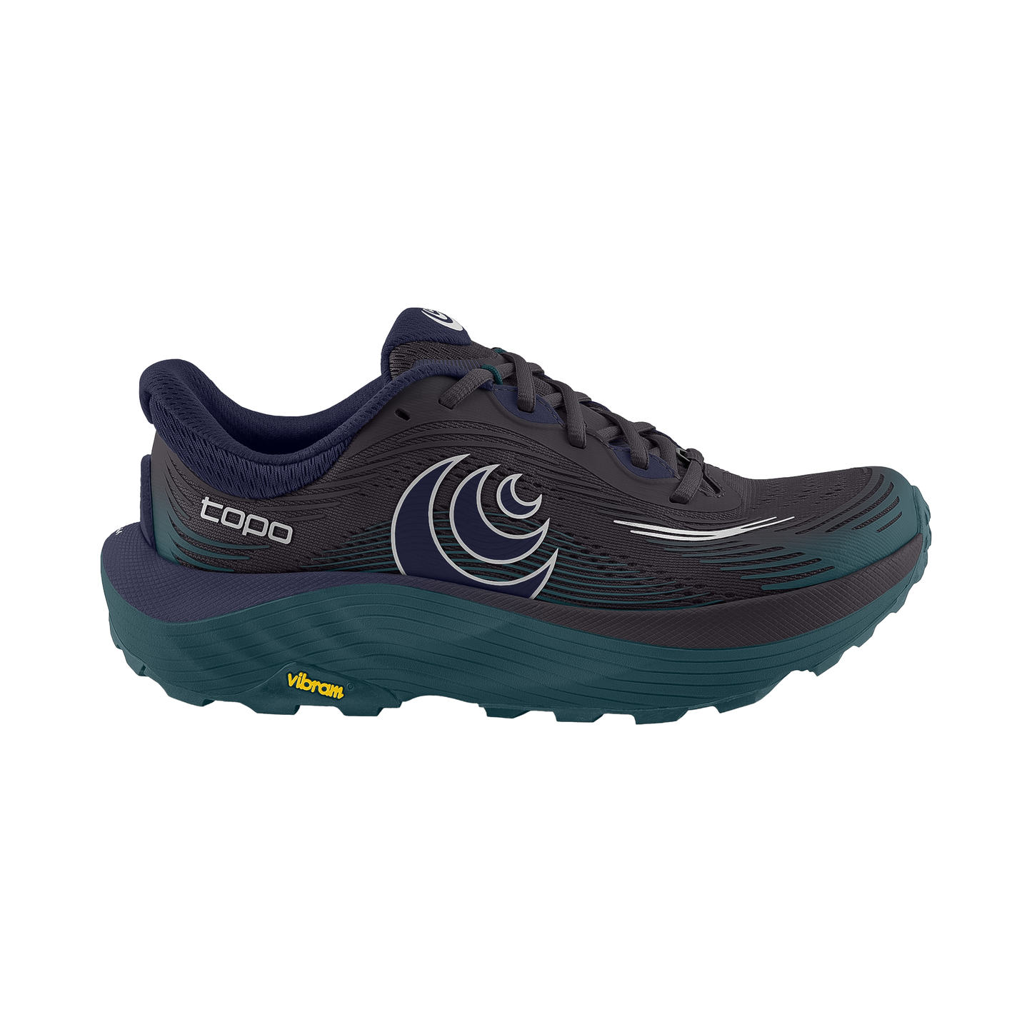 Men's Topo Ultraventure 5 trail running shoe in black, teal, and navy blue, featuring a high-cushion design and roomy toe box for comfort.