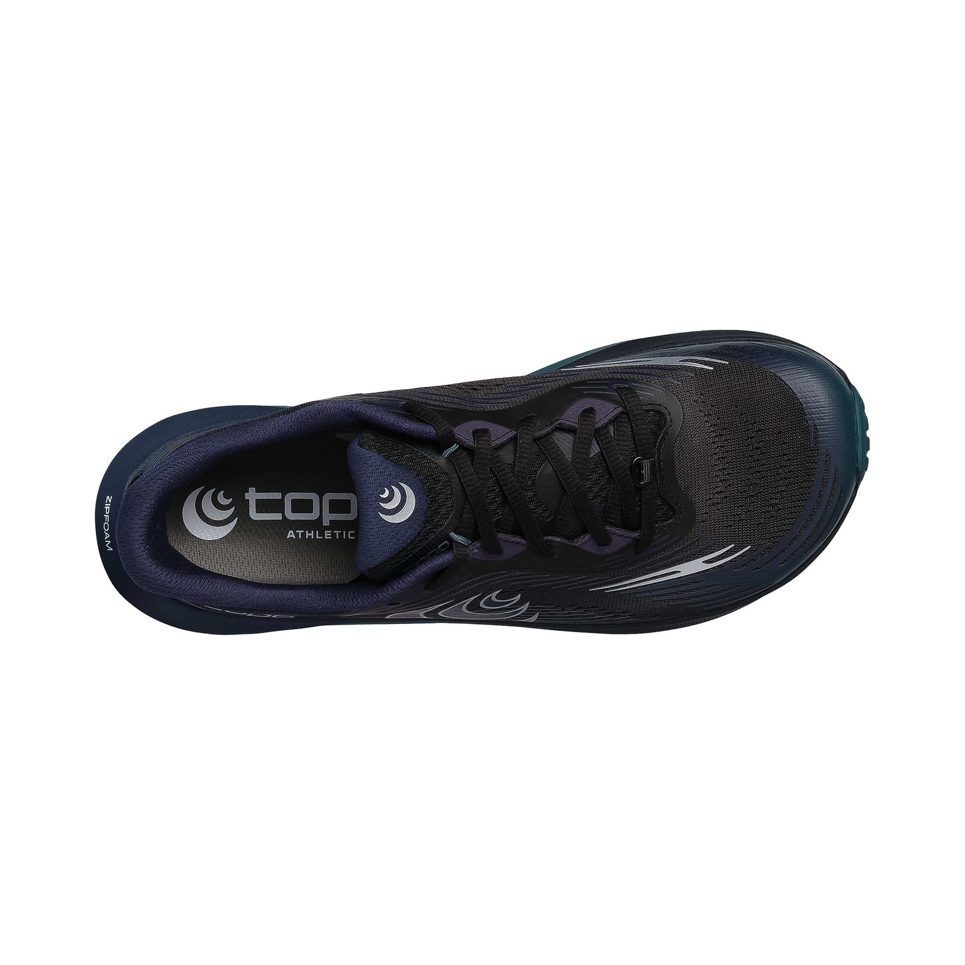 Top view of black, teal, and navy blue Topo Ultraventure 5 trail running shoes showcasing a high-cushion design and roomy toe box for comfort.