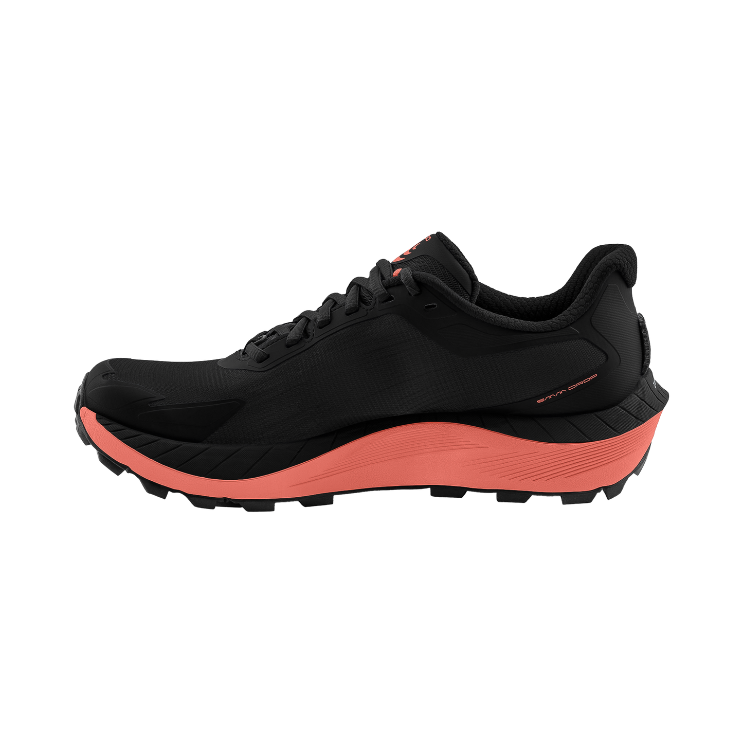 Black and coral women's Topo MTN Racer 4 trail running shoe, designed for durability and comfort on challenging terrains.