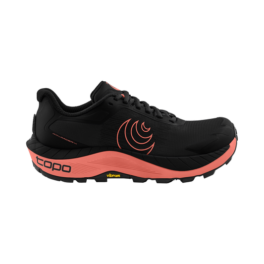 Women's Topo MTN Racer 4 trail running shoe in black and coral, featuring a durable design and spacious toe box for comfort.