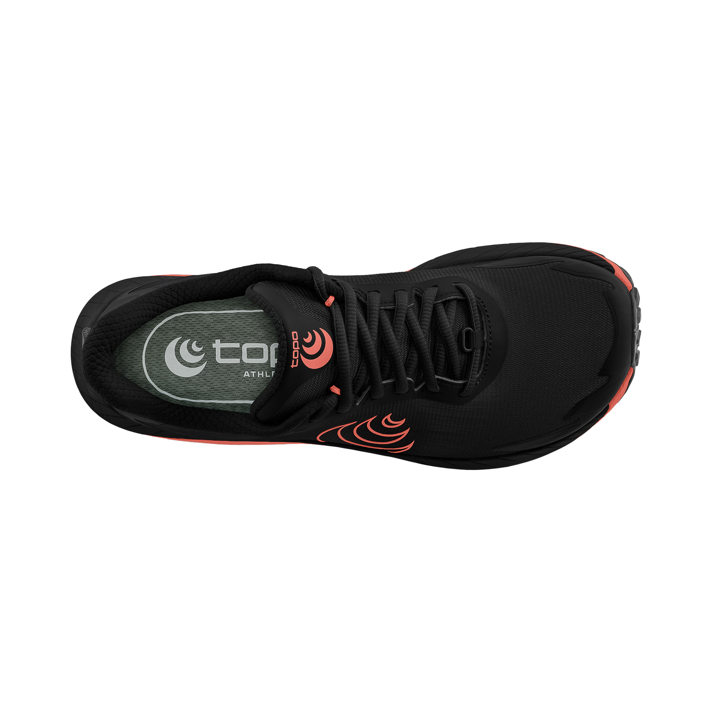 Women's Topo MTN Racer 4 in black and coral, ideal for trail running with a cushioned midsole and secure fit.