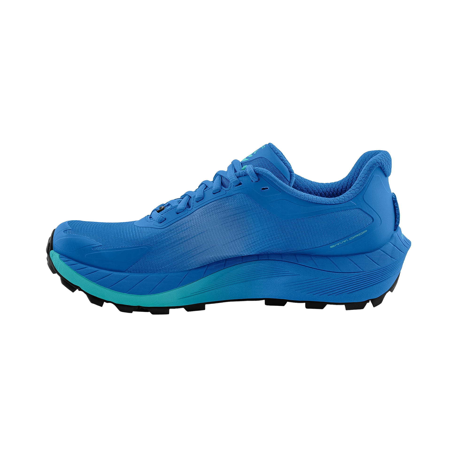 Topo MTN Racer 4 in blue emphasizing its lightweight design and high-cushion midsole for trail running comfort.