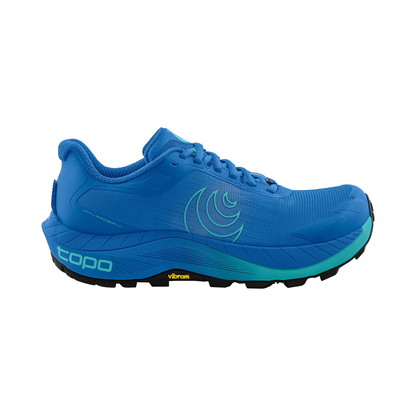 Blue Topo MTN Racer 4 trail running shoe, showcasing its mesh upper and Vibram outsole for durability and grip.