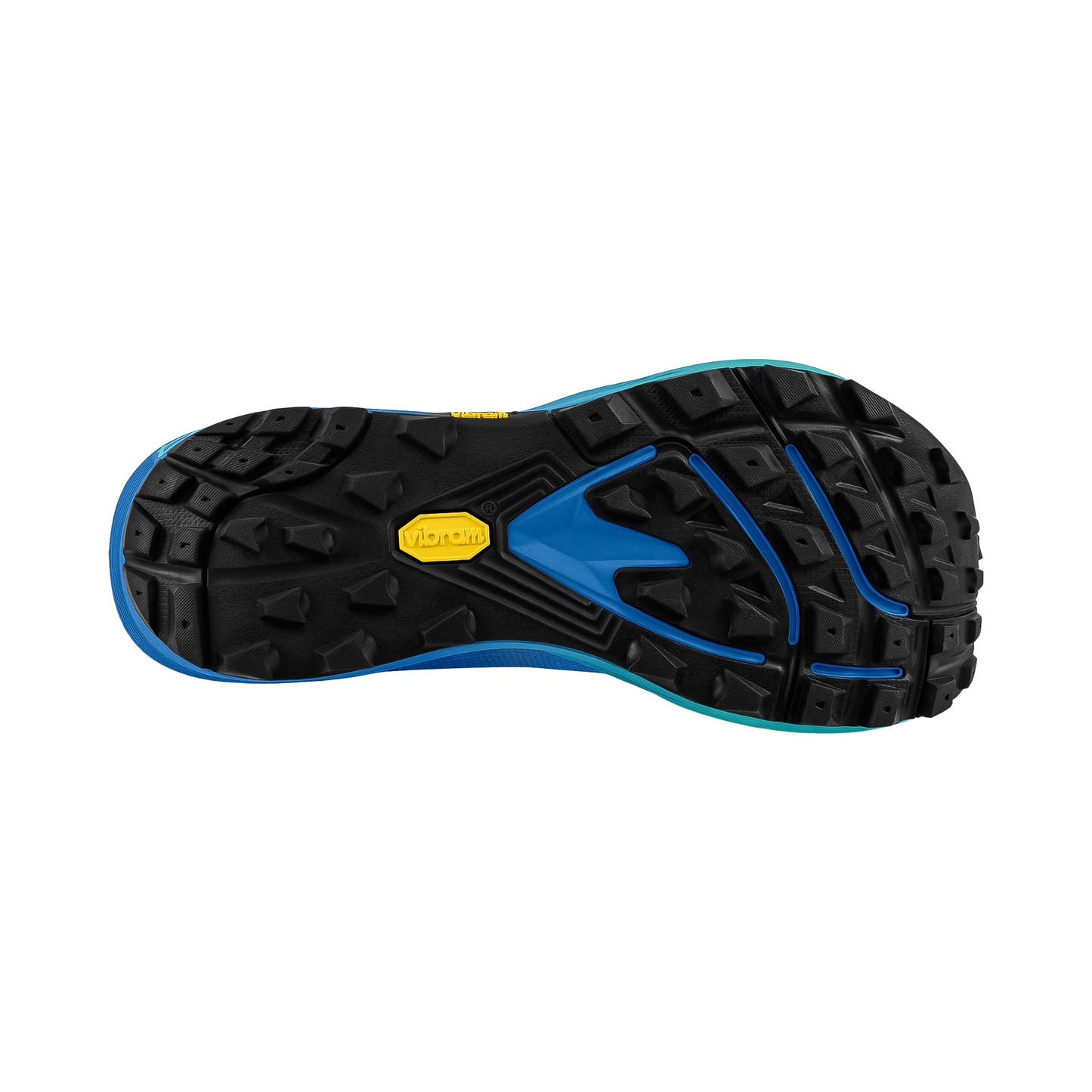 Sole of a blue Topo trail running shoe, showcasing the Vibram® Megagrip outsole for traction on various terrains.
