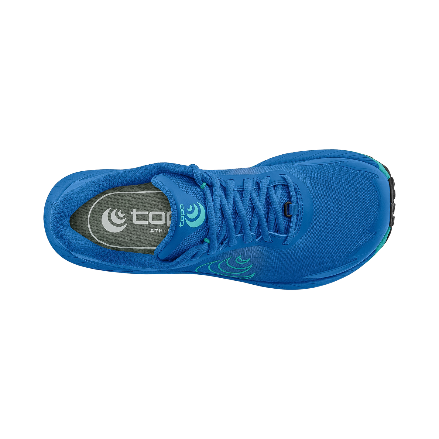 Close-up of the blue Topo MTN Racer 4 shoe, highlighting its cushioned midsole and spacious toe box design.
