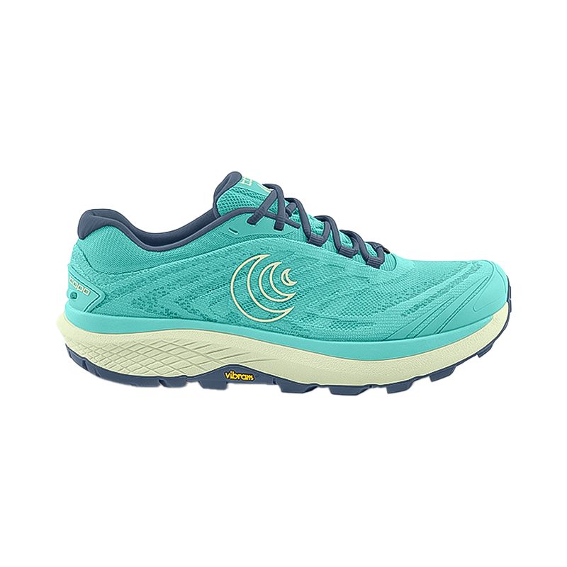 Topo Women's Pursuit 2 in turquoise and mint green, offering comfort and grip on trails with a spacious toe box.