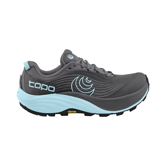 Grey and blue Topo Athletic Pursuit 3 trail running shoes showcasing zero-drop design and Vibram Megagrip outsole for traction.