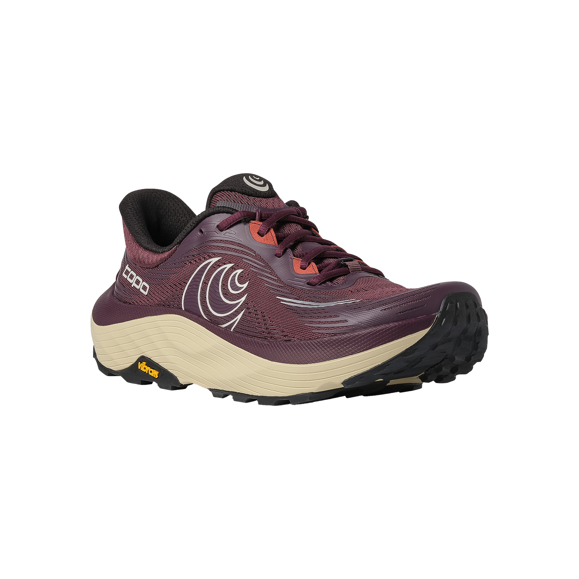Maroon women's Topo ultraventure 5 running shoe with a gold logo, designed for comfortable long-distance running on mild to moderate terrain.