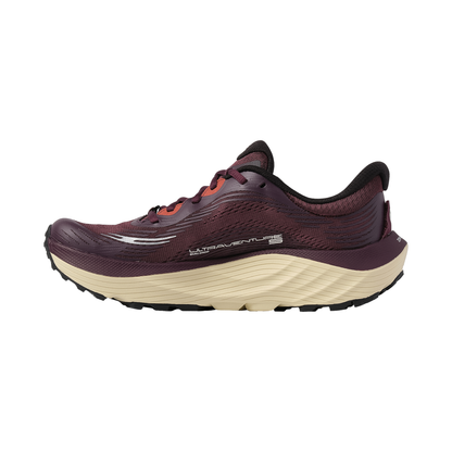 Women's maroon Topo ultraventure 5 trail running shoe featuring a gold logo, ideal for long-distance comfort on various terrains.