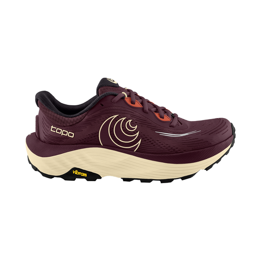 Maroon Topo women's ultraventure 5  trail running shoe with a tan logo, designed for comfort on road-to-trail and mild terrain adventures.