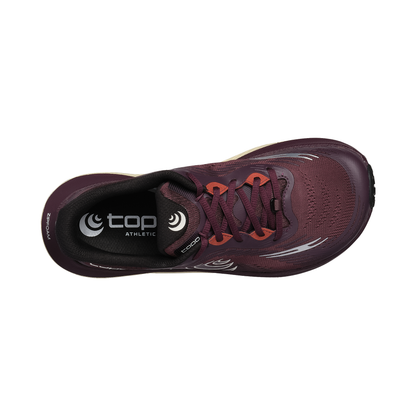 Topo Ultraventure 5 women's trail running shoe in maroon, featuring a high-cushion design and roomy toe box for comfort on various terrains.