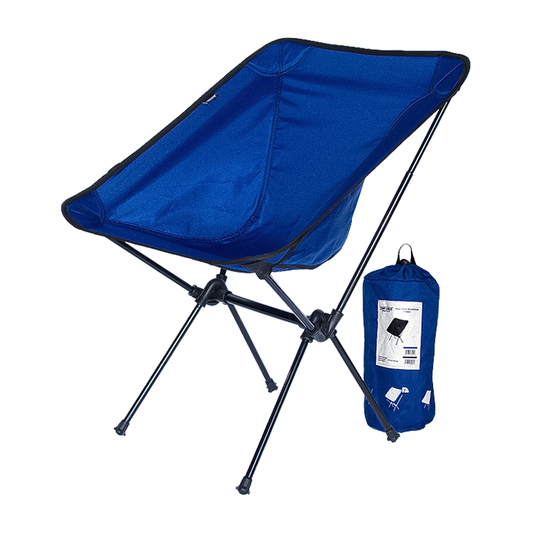 The Travel Chair C-Series Joey by Travel Chair is a blue portable camping chair with a black frame and comes with a matching blue carrying bag featuring an illustration of the chair on its label.
