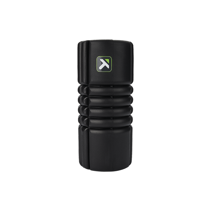 A black yoga roller featuring the arrow logo, designed for fitness and exercise routines.