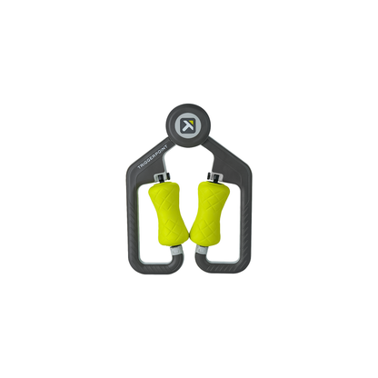 Neon green and gray rubber grips of the TriggerPoint FUSE Massager on a white background, showcasing its ergonomic design.