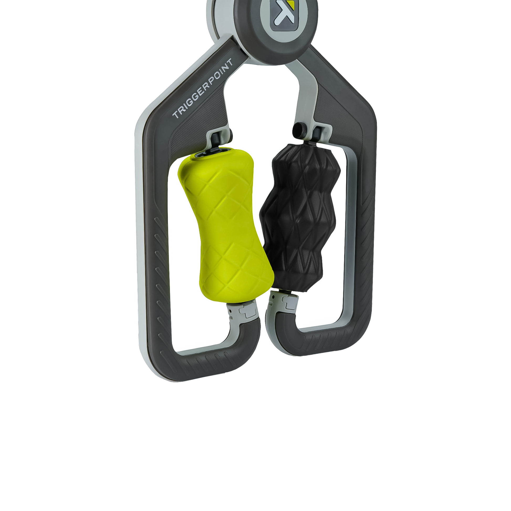 Neon green and black TriggerPoint FUSE Massager with dual handles, designed for deep-tissue muscle recovery and portability.