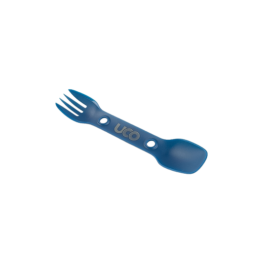 Blue utility spork with "UCO" on the spork, designed for bouldering and camping in the Eastern Sierra.