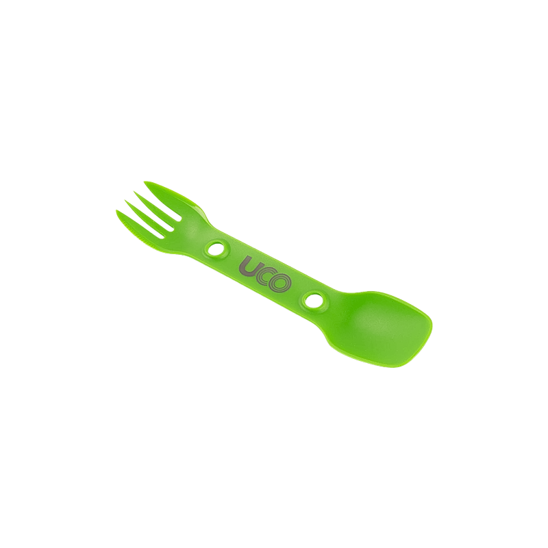 Green utility spork with "UCO" on the spork, designed for bouldering and camping in the Eastern Sierra.