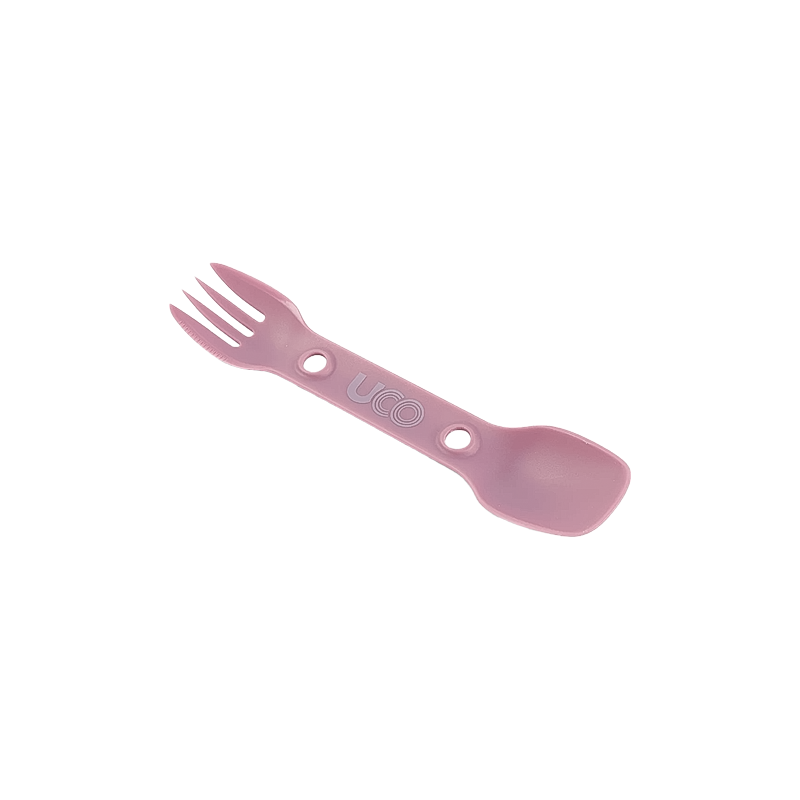 Purple utility spork with "UCO" on the spork, designed for bouldering and camping in the Eastern Sierra.