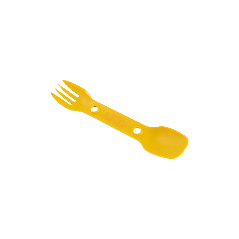 Yellow utility spork with "UCO" on the spork, designed for bouldering and camping in the Eastern Sierra.