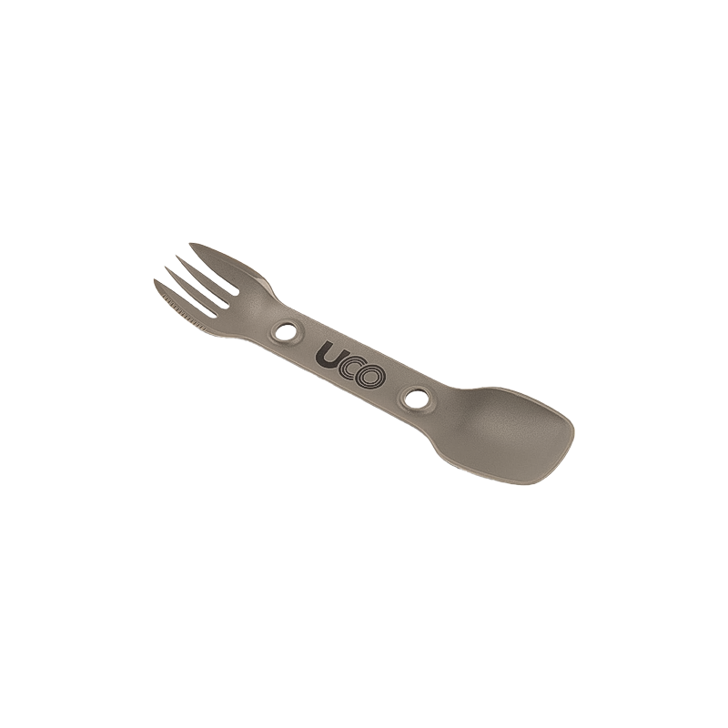 Gray utility spork with "UCO" on the spork, designed for bouldering and camping in the Eastern Sierra.