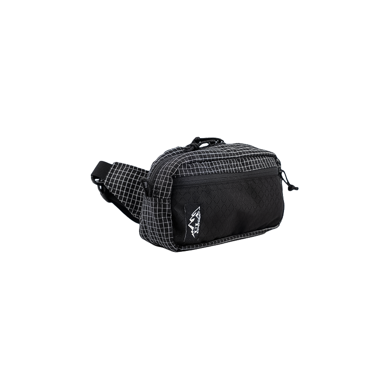 Black checkered waist bag with zipper and multiple compartments for hikers.