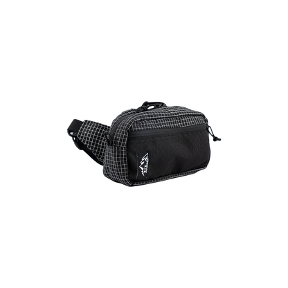 Black checkered waist bag with zipper and multiple compartments for hikers.