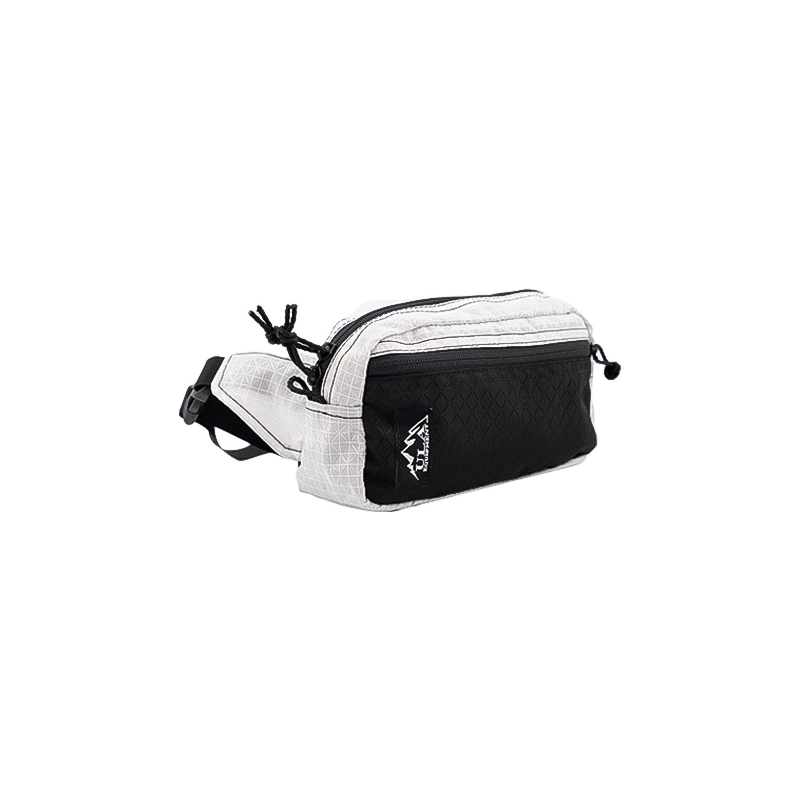 Compact white and black waist bag with zipper for outdoor adventures and organized storage.