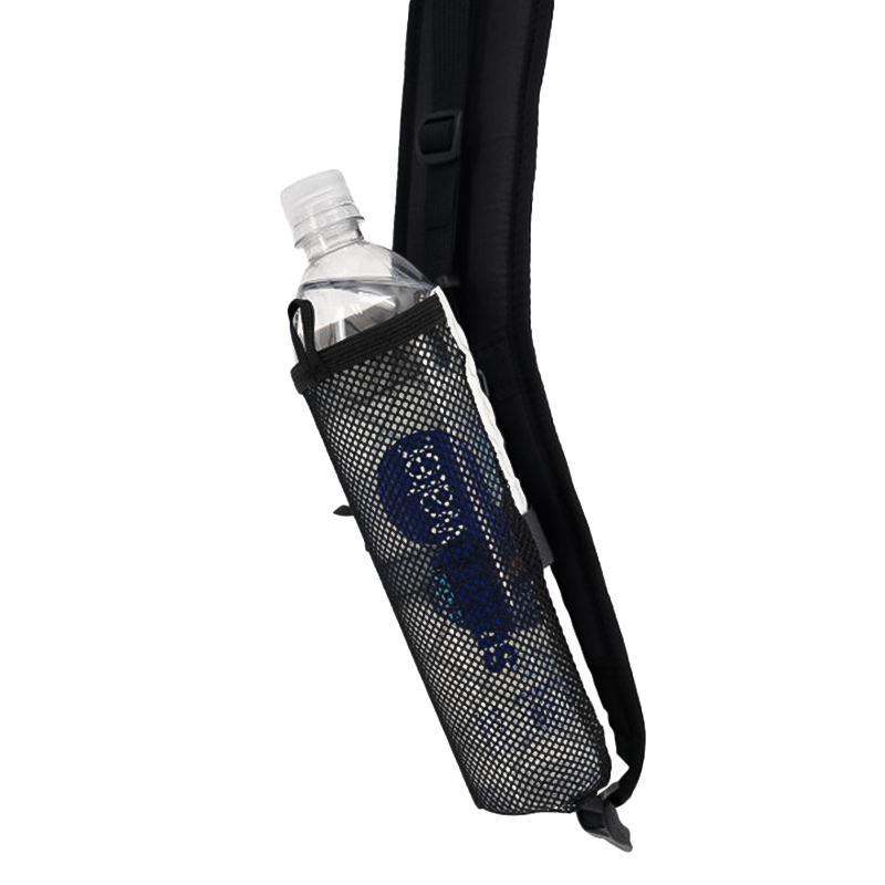 Black ULA Mesh Water Bottle Sleeve with strap and bottle, ideal for hiking and outdoor activities, enhancing water access on trails.