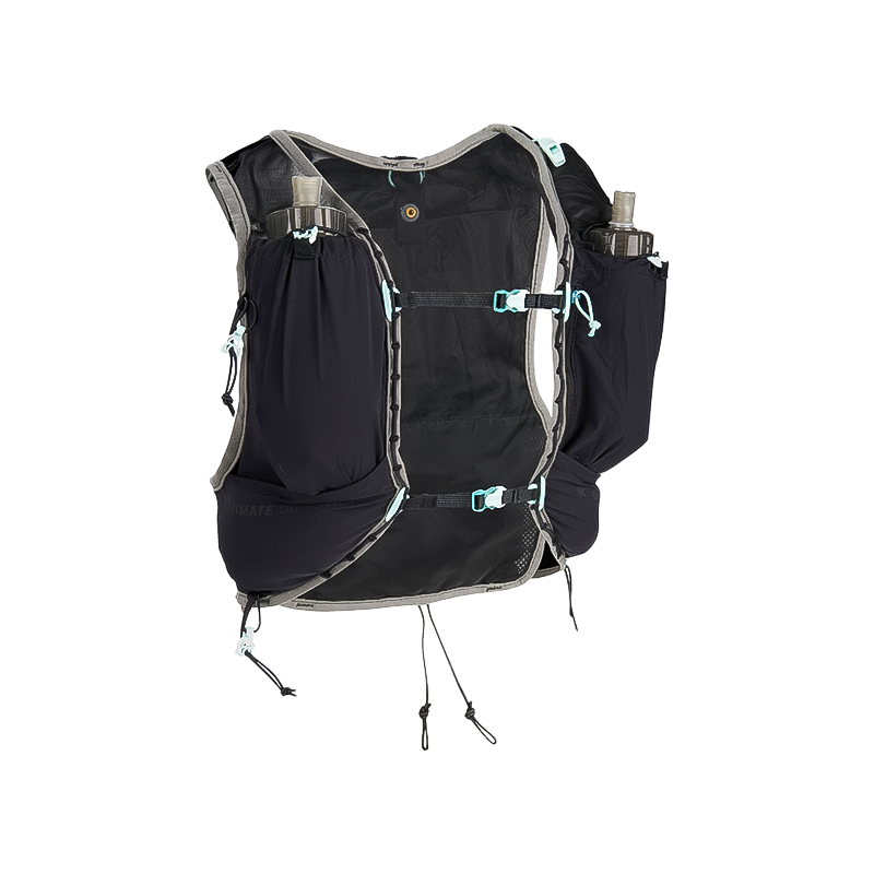 Back view of a black and blue running vest featuring two water bottles, designed for ultrarunners with ample storage and comfort.