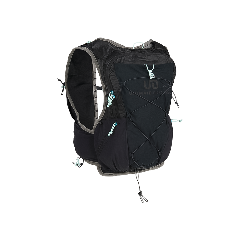 Black hydration vest with a blue zipper, designed for ultrarunners, featuring multiple pockets and adjustable fit for comfort.