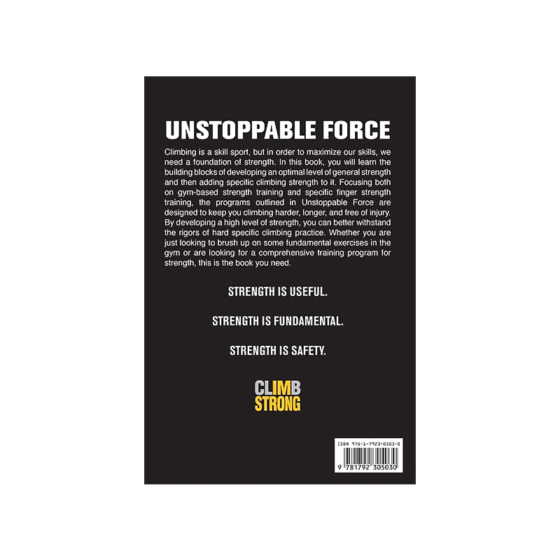 "Unstoppable Force" back book cover by Bechtel and Manganiello, detailing strength training techniques for climbing success.