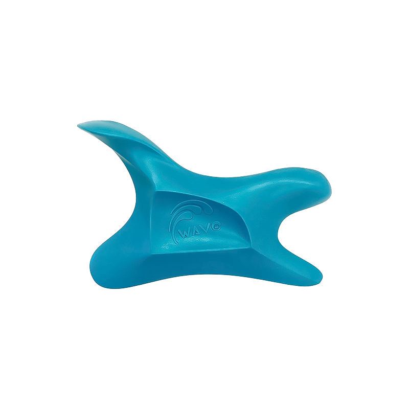 A blue massage tool from Wave Tools Therapy on a white background, highlighting its ergonomic design.