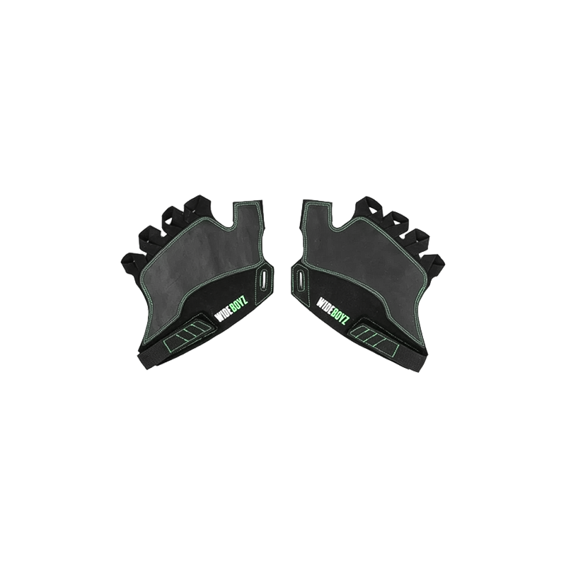 Black and green climbing gloves on a white background, designed for grip and protection in crack climbing.