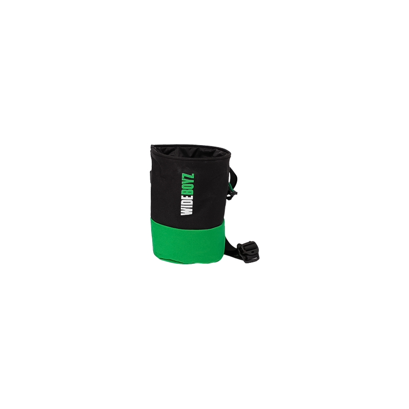 Green and black chalk bag designed for crack climbing, with a wide opening and minimal fabric for easy chalk access.