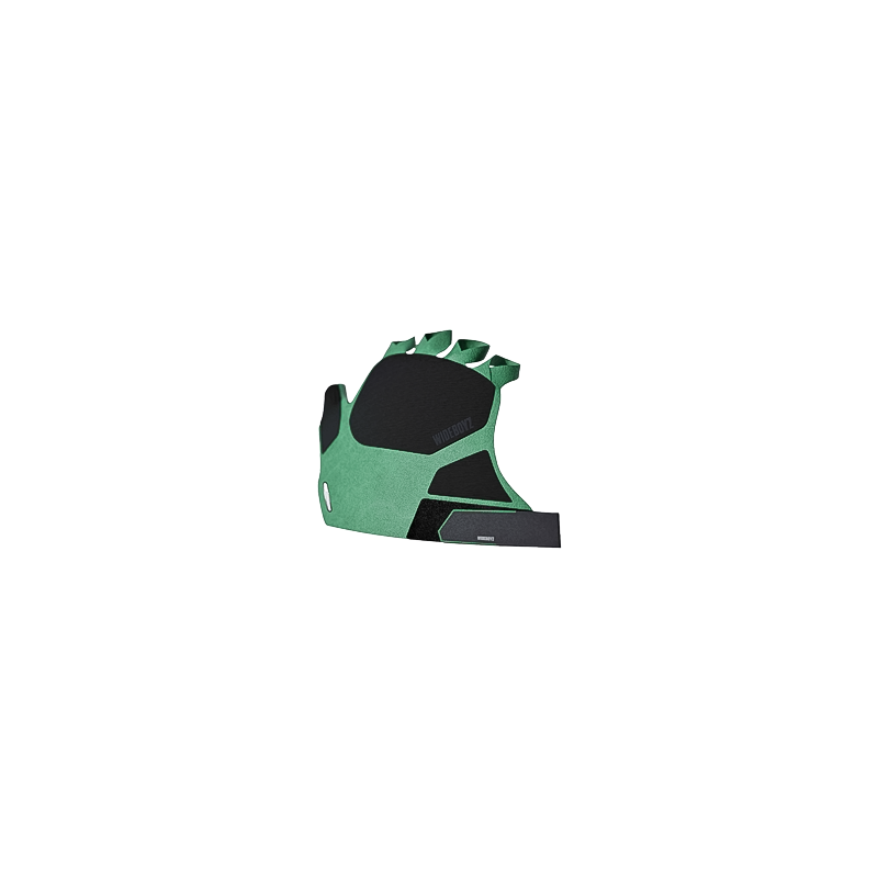 Green and black gloves on a white background, designed for crack climbing with ergonomic rubber for maximum grip and protection.