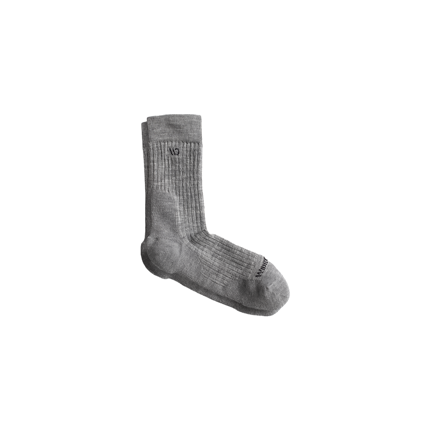 A pair of grey midweight socks on a white background, showcasing their soft Merino wool blend and cushioned footbed.
