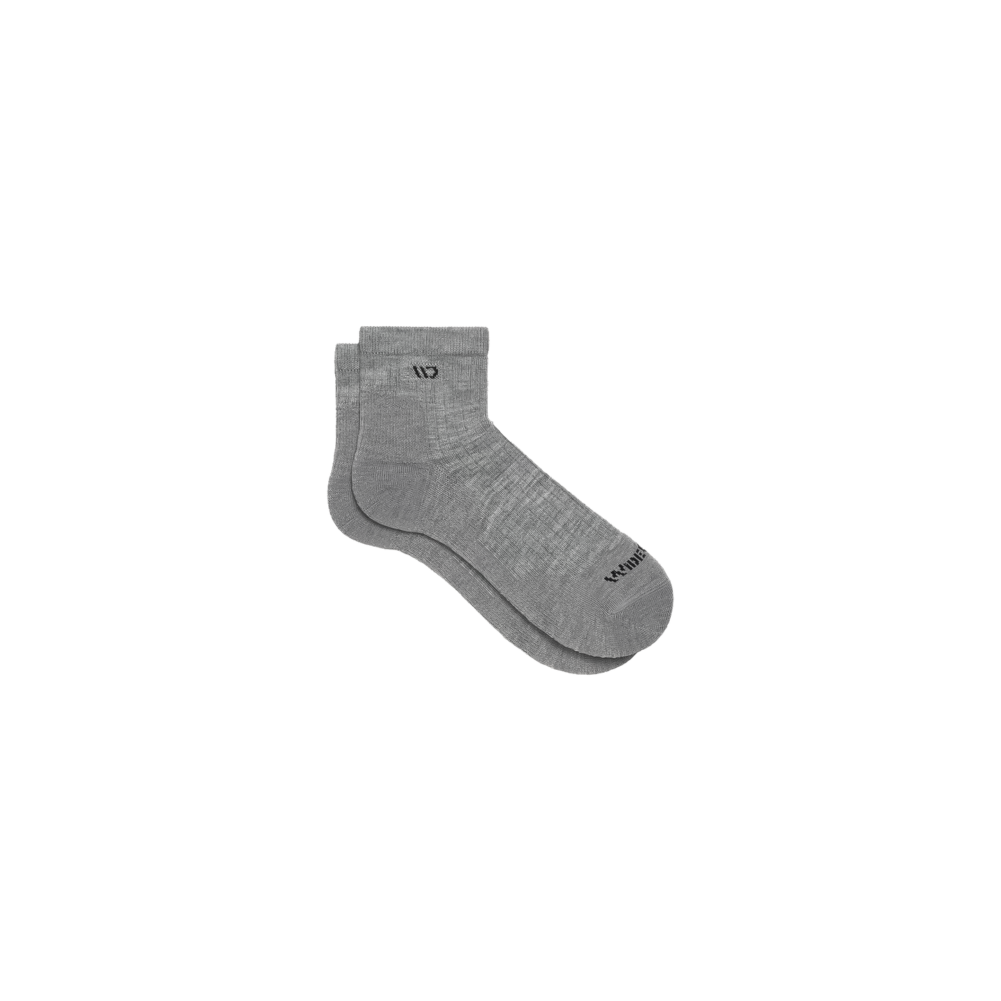 A pair of grey quarter socks made of Merino wool, displayed on a white background, showcasing their cushioned design.