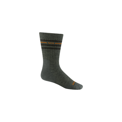 Green crew socks with orange and black striped, highlighting a vintage style with cushioning and moisture-wicking Merino wool.