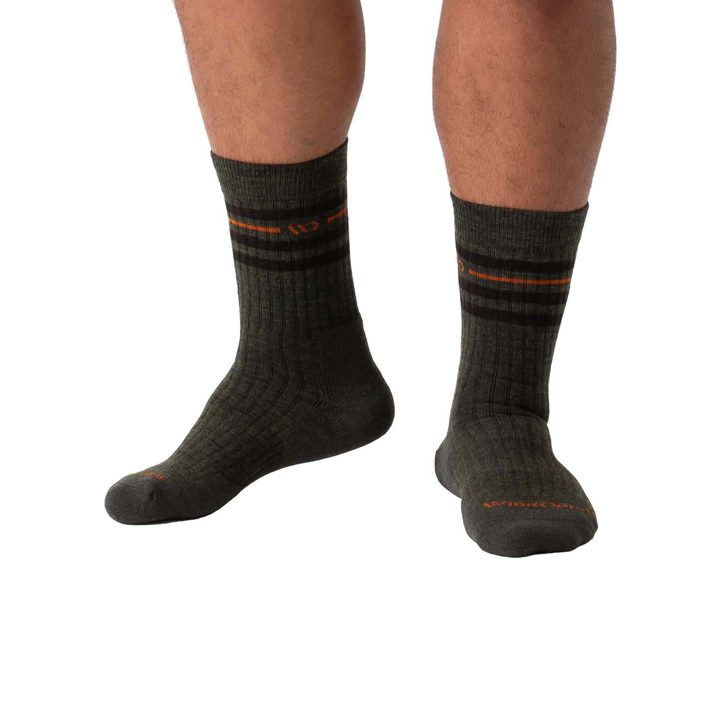 A pair of men's army green crew socks featuring orange and black stripes, showcasing a vintage design with modern comfort features.