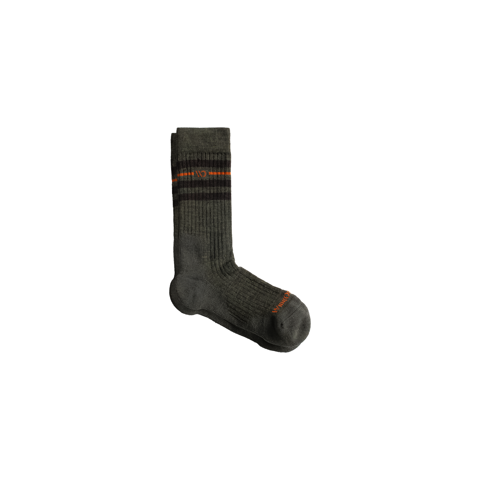 A pair of vintage crew socks in army green with orange and grey stripes, showcasing a retro design with modern comfort features.