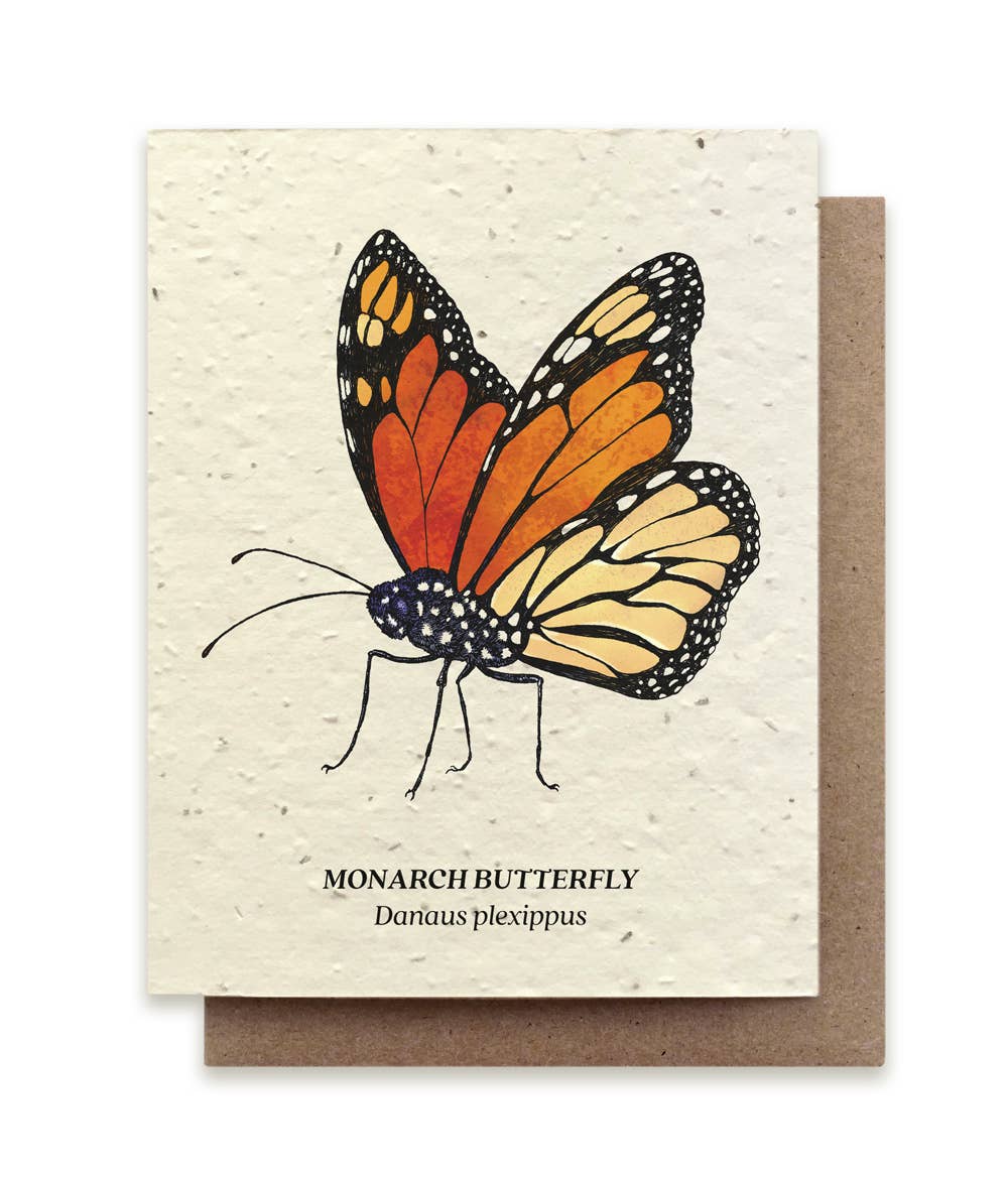 a plantable card depicting a monarch butterfly surrounded by orange office supplies