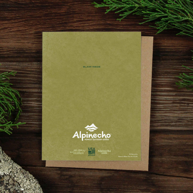 Greeting card featuring a camping scene with the text "Home is where you are," surrounded by a bear and an owl back cover.