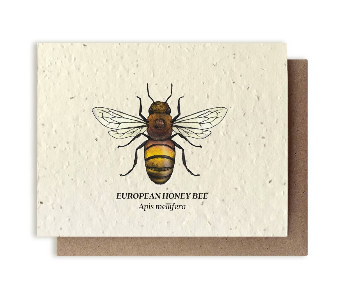 a plantable card depicting a european honey bee surrounded by yellow office supplies