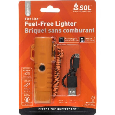 SOL Fuel-Free Lighter in orange with lanyard and charging cable