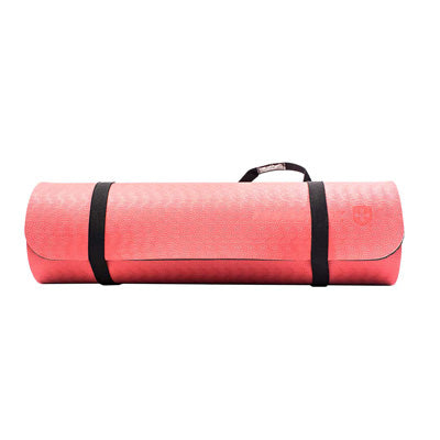 A light red wine colored exercise mat rolled up with a black shoulder strap, on a white background.