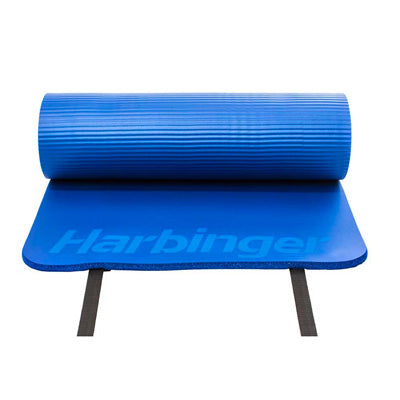 A black foam exercise mat, with two black Velcro straps, with a white logo on the short end on a white background. 